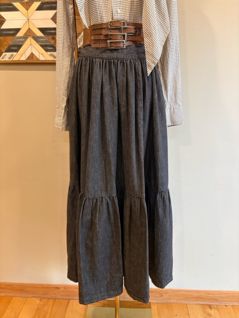 Vintage Ralph Lauren Blue Label 80s Black Denim Tiered Peasant Maxi Skirt sz 10 - Picture 2 of 16